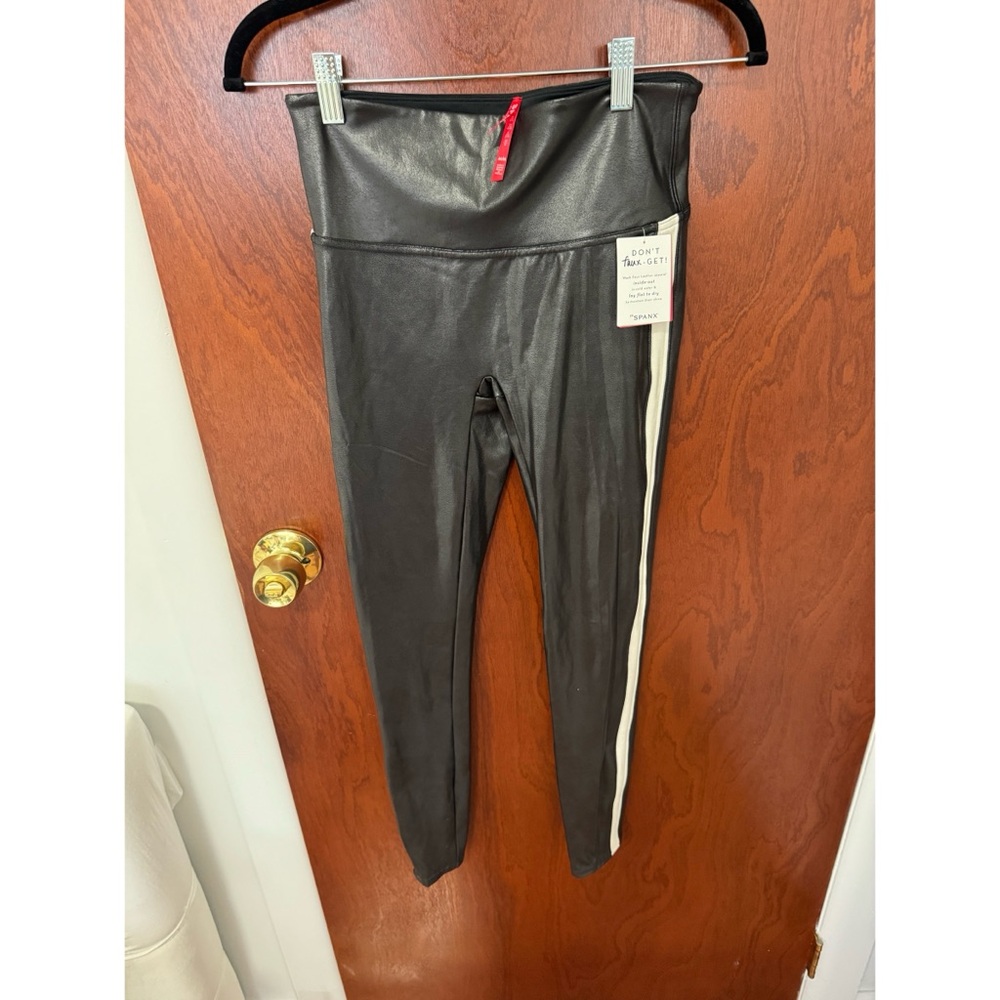 SPANX Black Faux Leather Leggings with White Accent